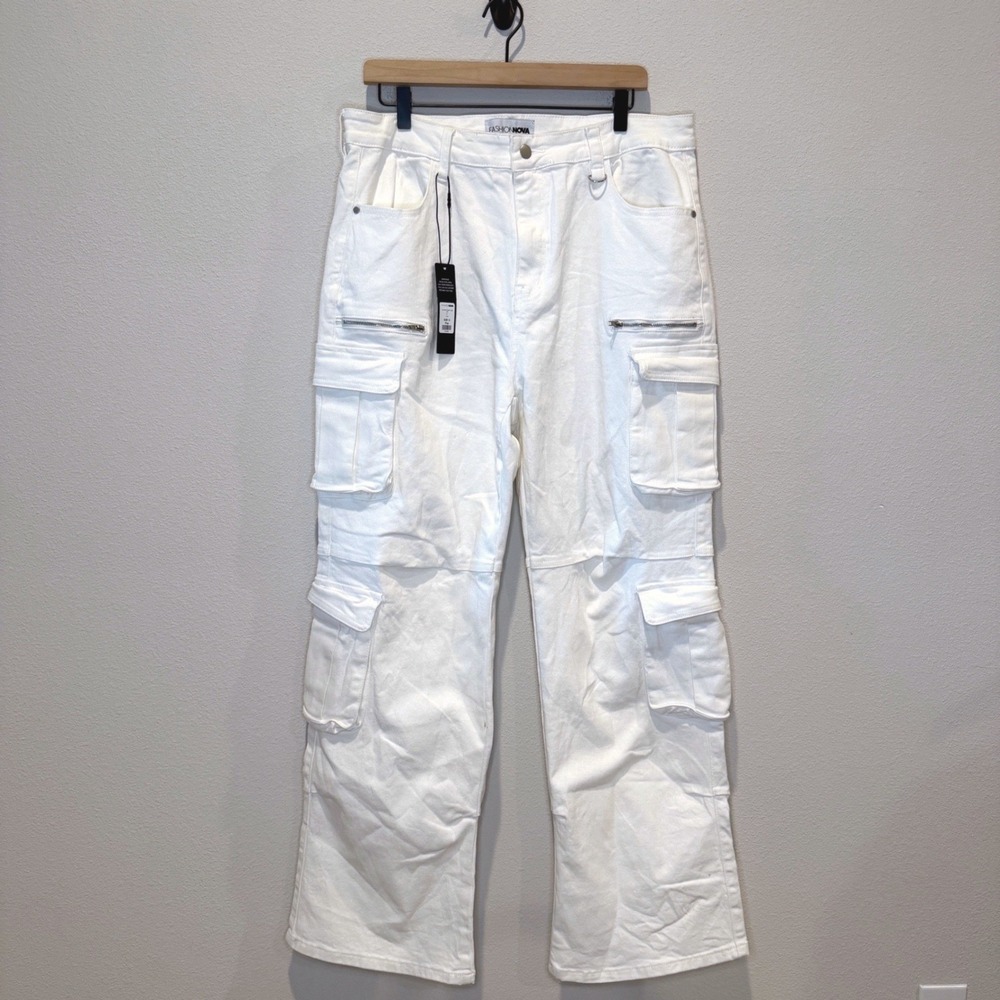 FASHION NOVA Womens Cotton Cargo Pants 14 Ivory Stretch Wide Leg Y2K Gorpcore